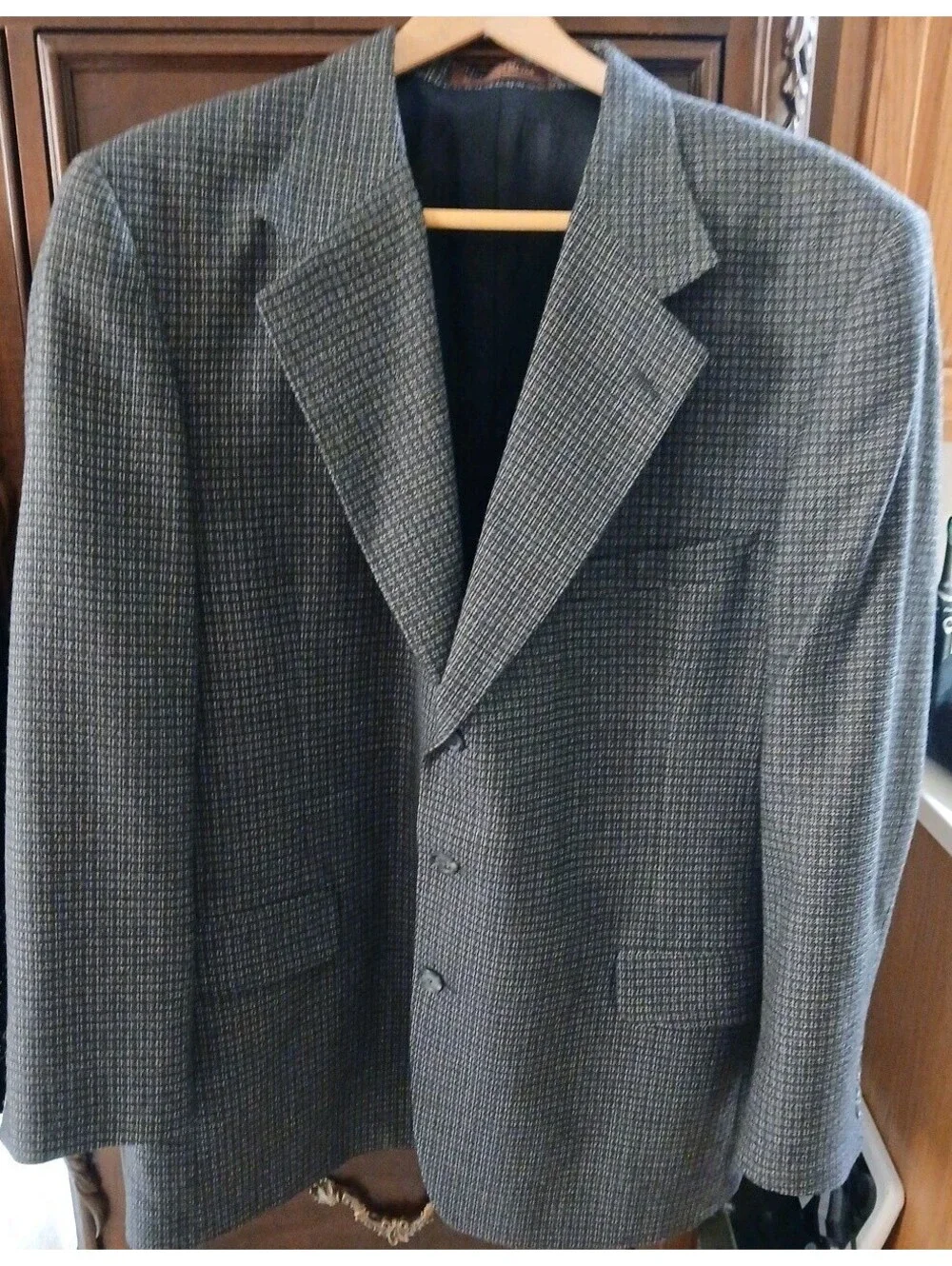 Vintage Nordstrom Black Check Waffle Tweed Wool Men Blazer 46L Sport Coat Jacket